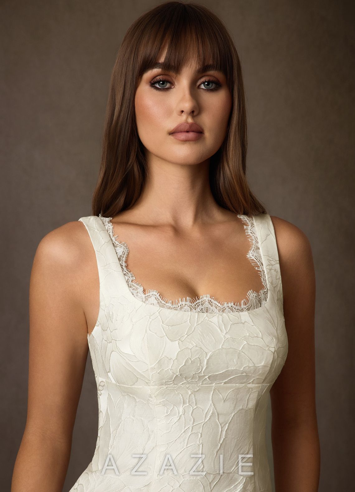 Azazie Janet Antique White A-Line Square Neckline Floral Jacquard Dress antique_white