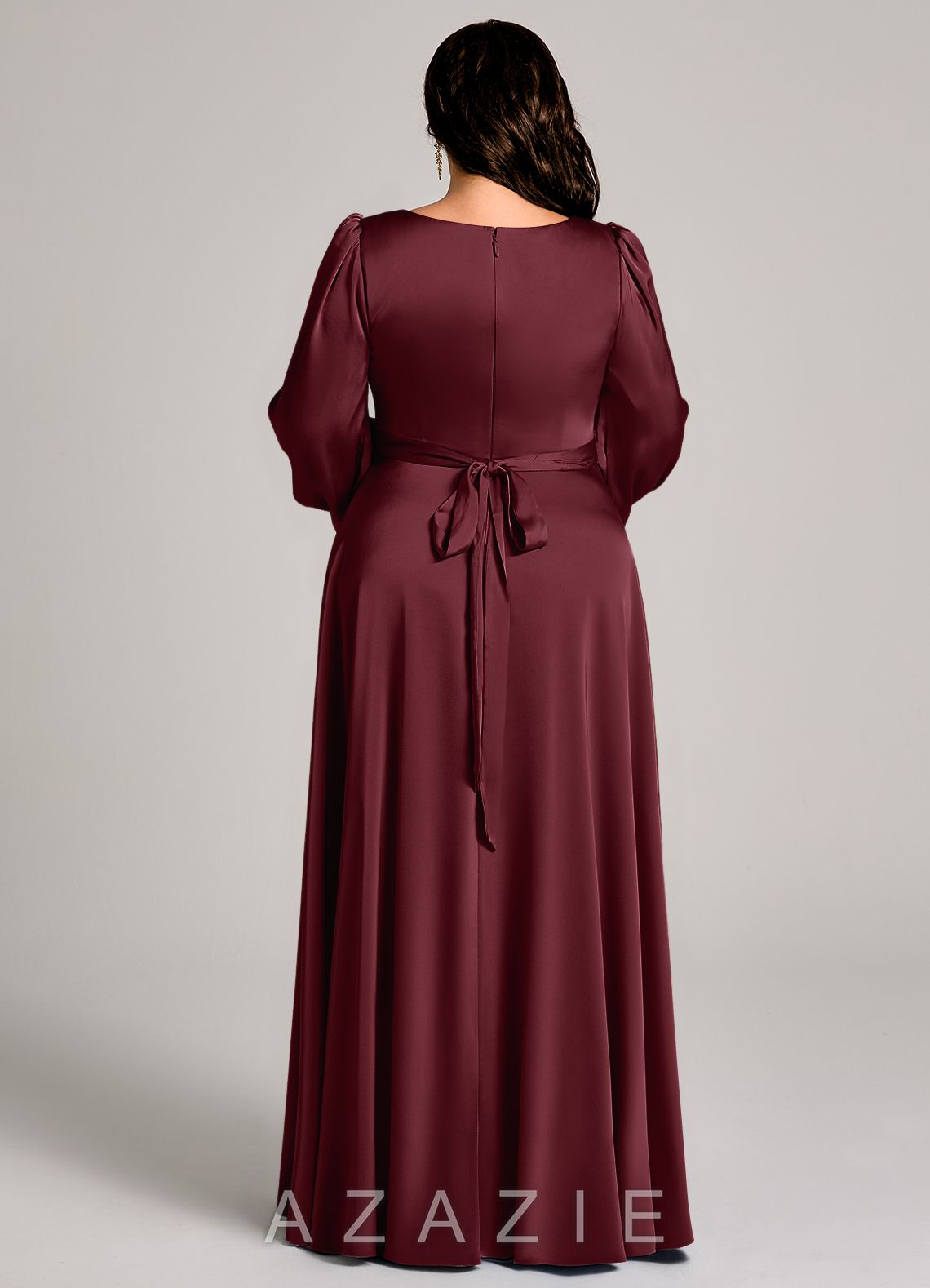 Azazie Leonia Cabernet A-Line Long Sleeve Stretch Satin Dress cabernet