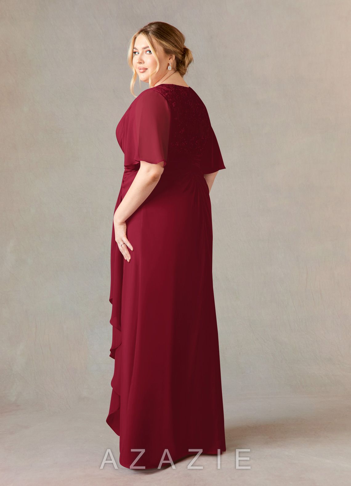 Azazie Carson Burgundy A-Line V-Neck Lace Chiffon Dress burgundy