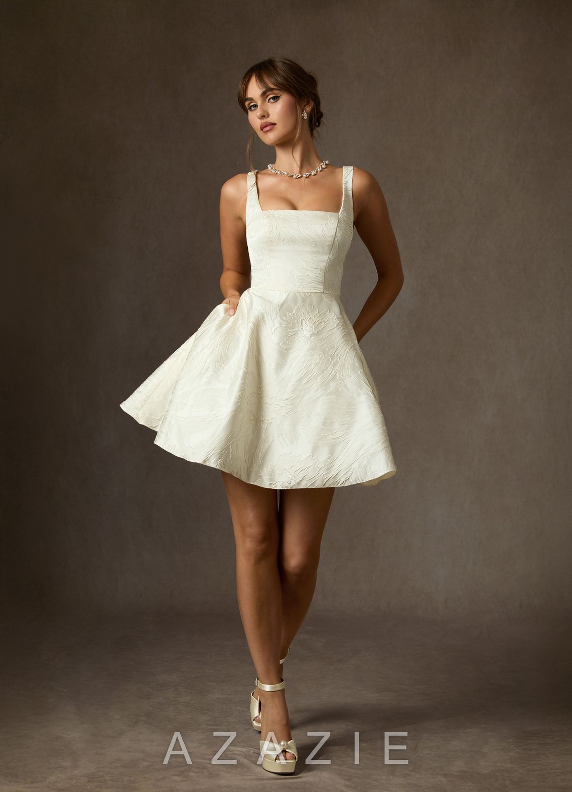 Azazie Regina Antique White A-Line with Pockets Floral Jacquard Dress