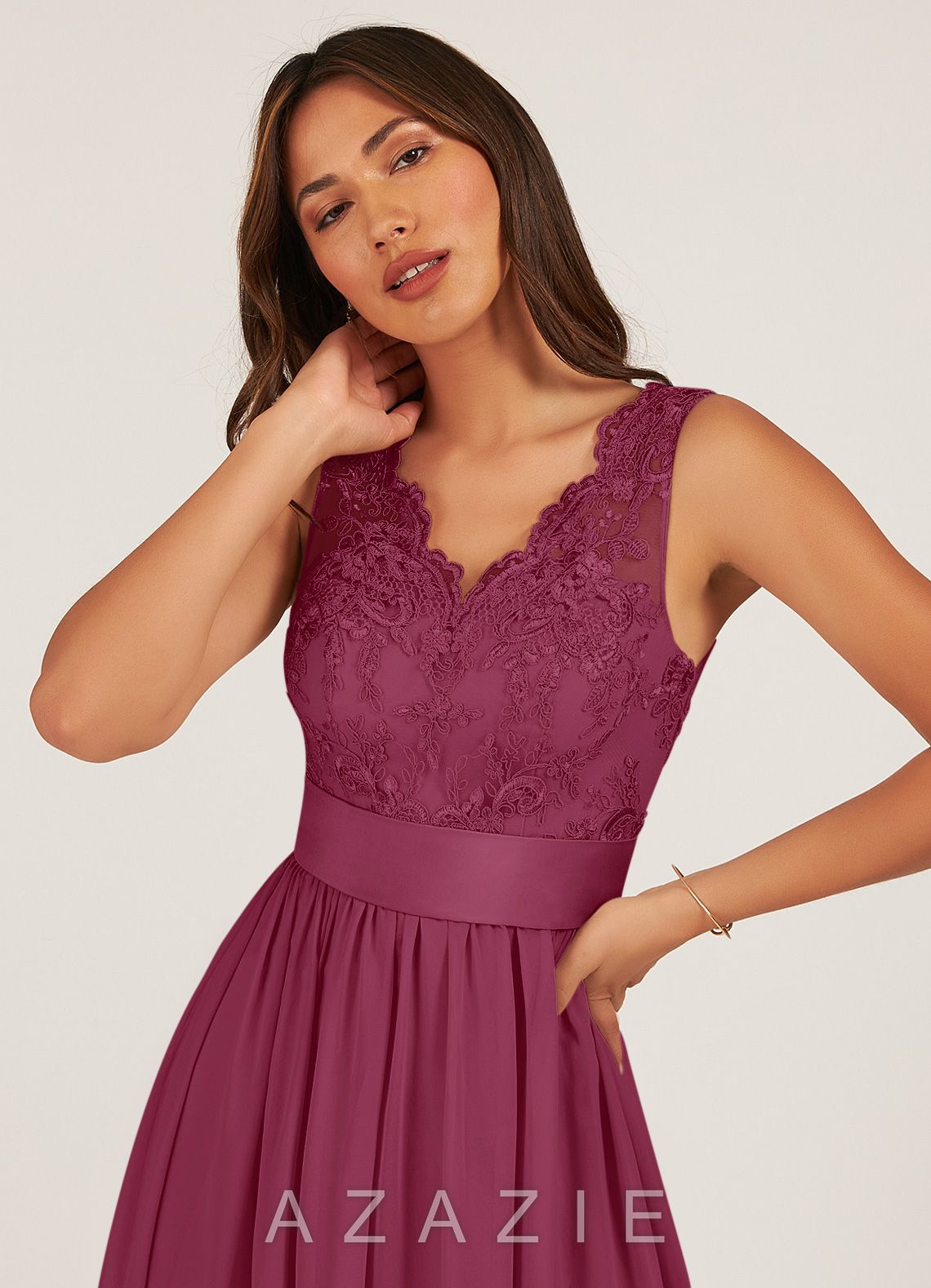 Azazie Gertrude Mulberry A-Line Lace Chiffon Dress mulberry