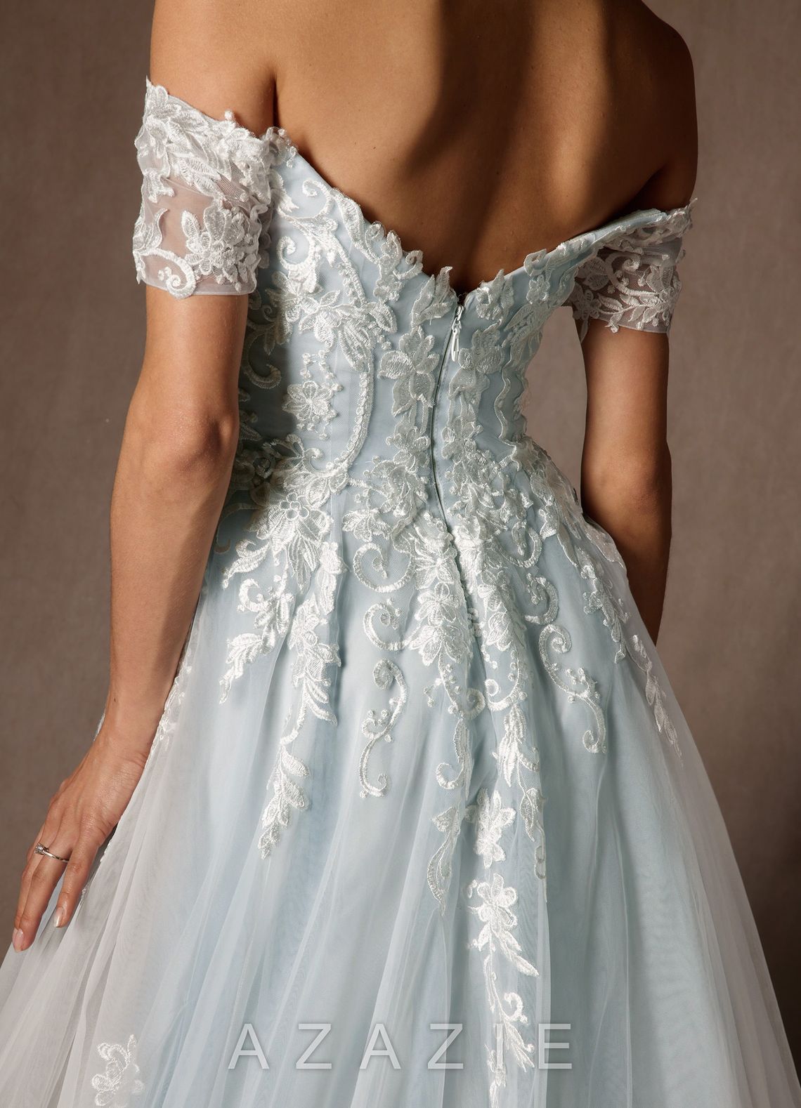 Azazie Rowe Wedding Dress Cloudy Blue Ball-Gown Off the Shoulder Tulle Dress