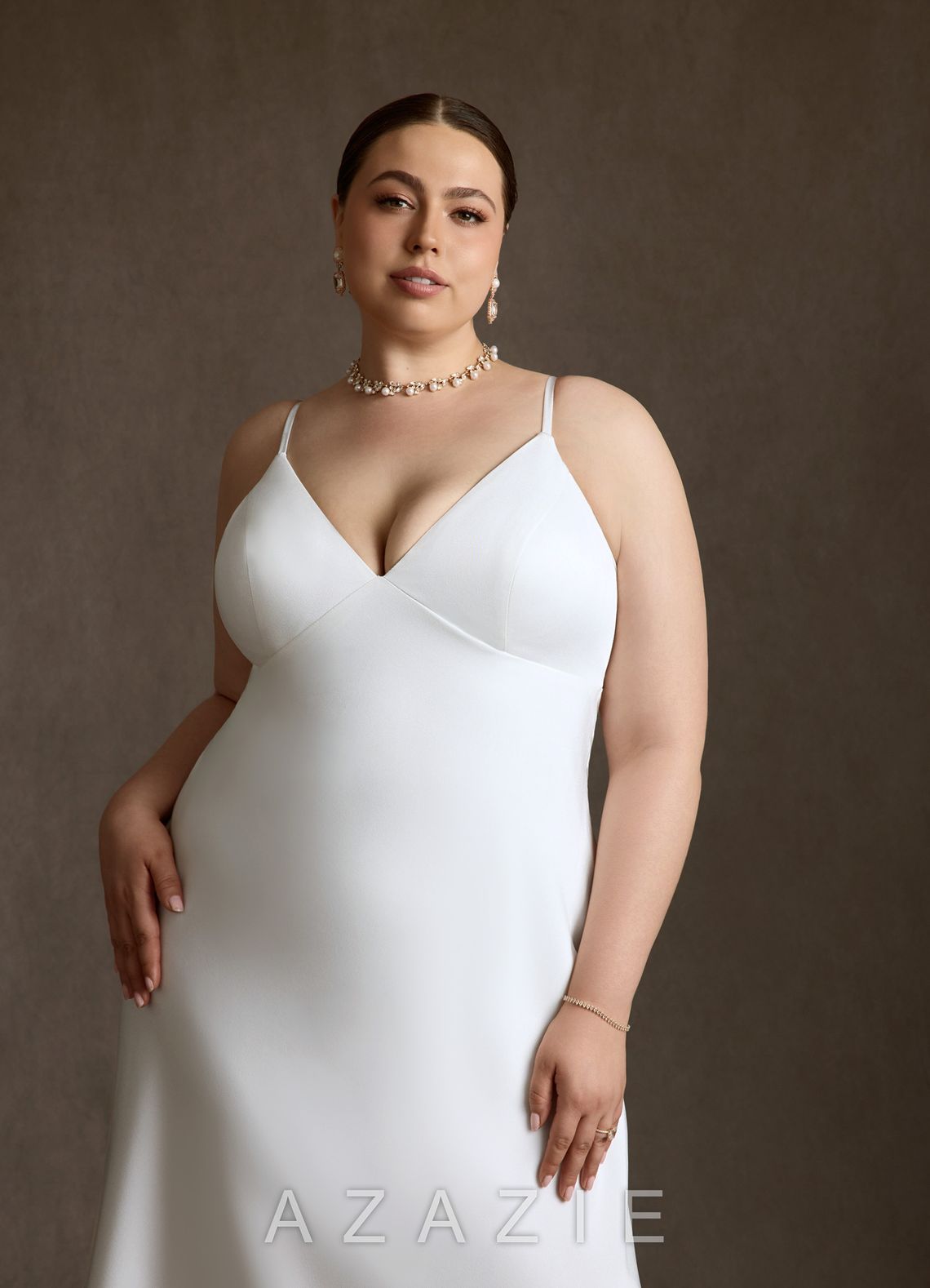 Azazie Caity Diamond White Fit and Flare Crepe Back Satin Dress diamond_white