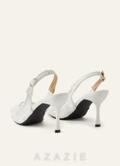 Embroidered Tulle Pointed Toe Slingback Heels  ivory
