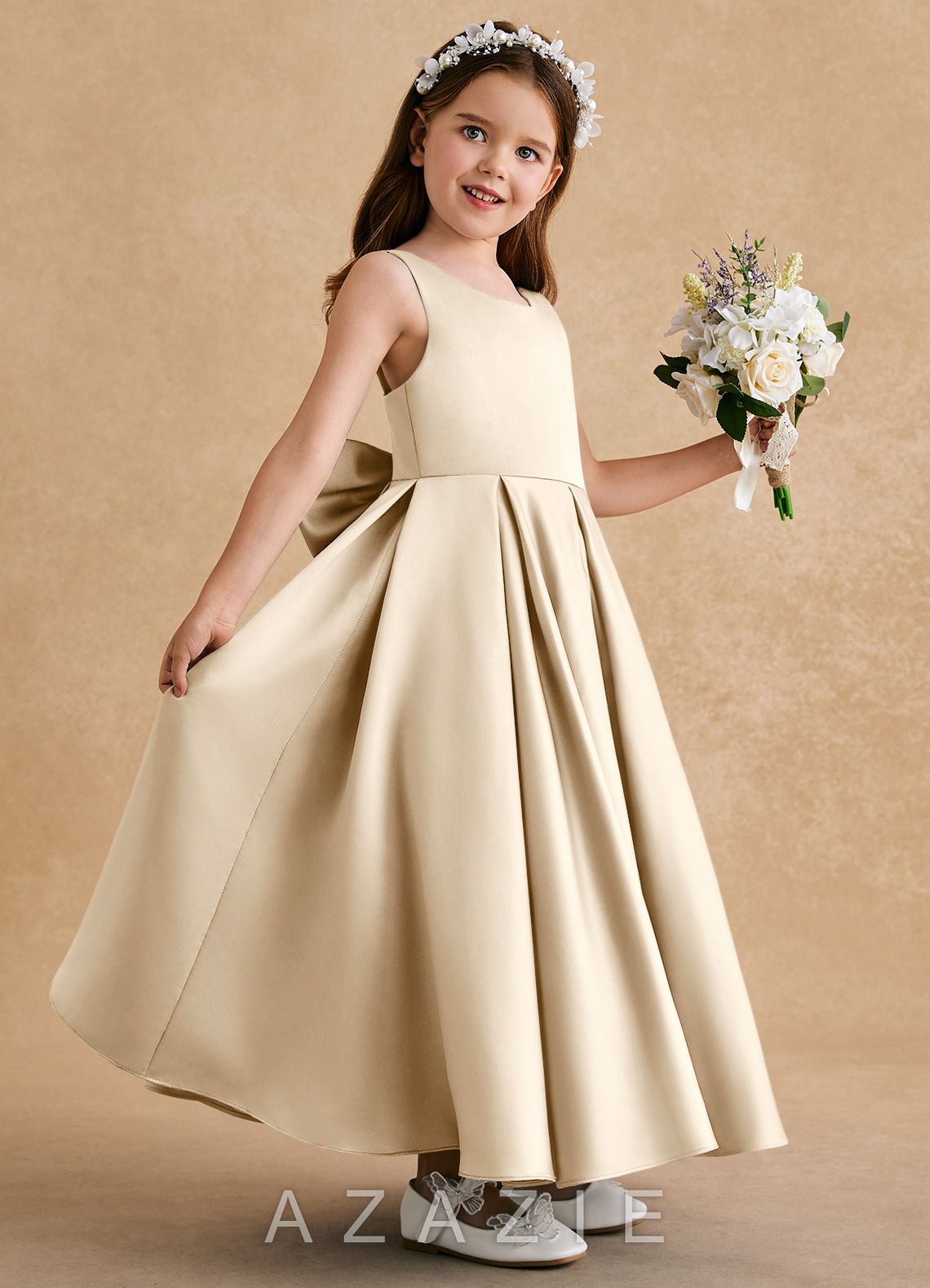 Azazie Honey Bear Champagne A-Line Pleated Matte Satin Dress champagne