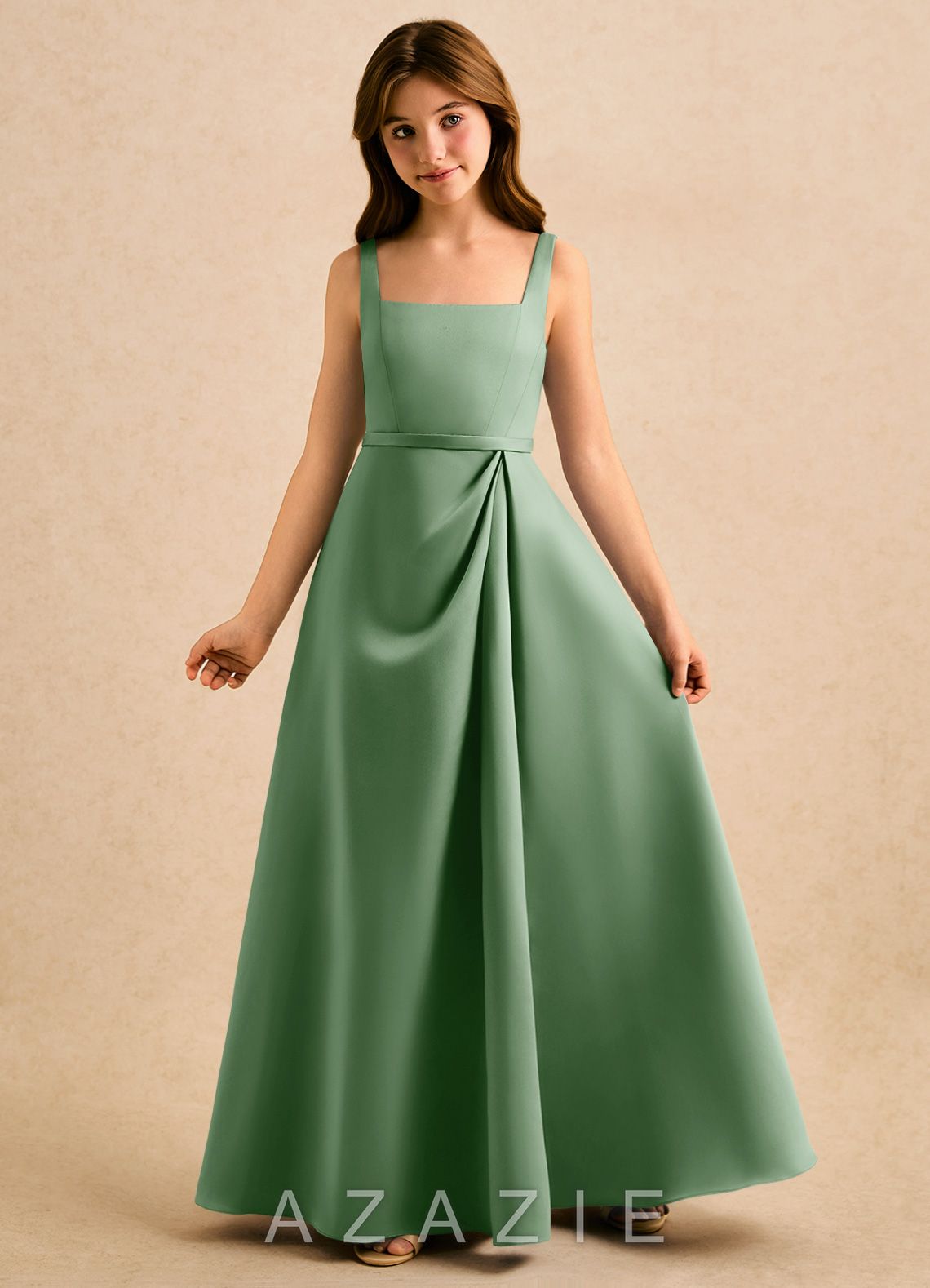 Azazie Emiko Girls Formal Matcha A-Line Pleated Matte Satin Dress matcha