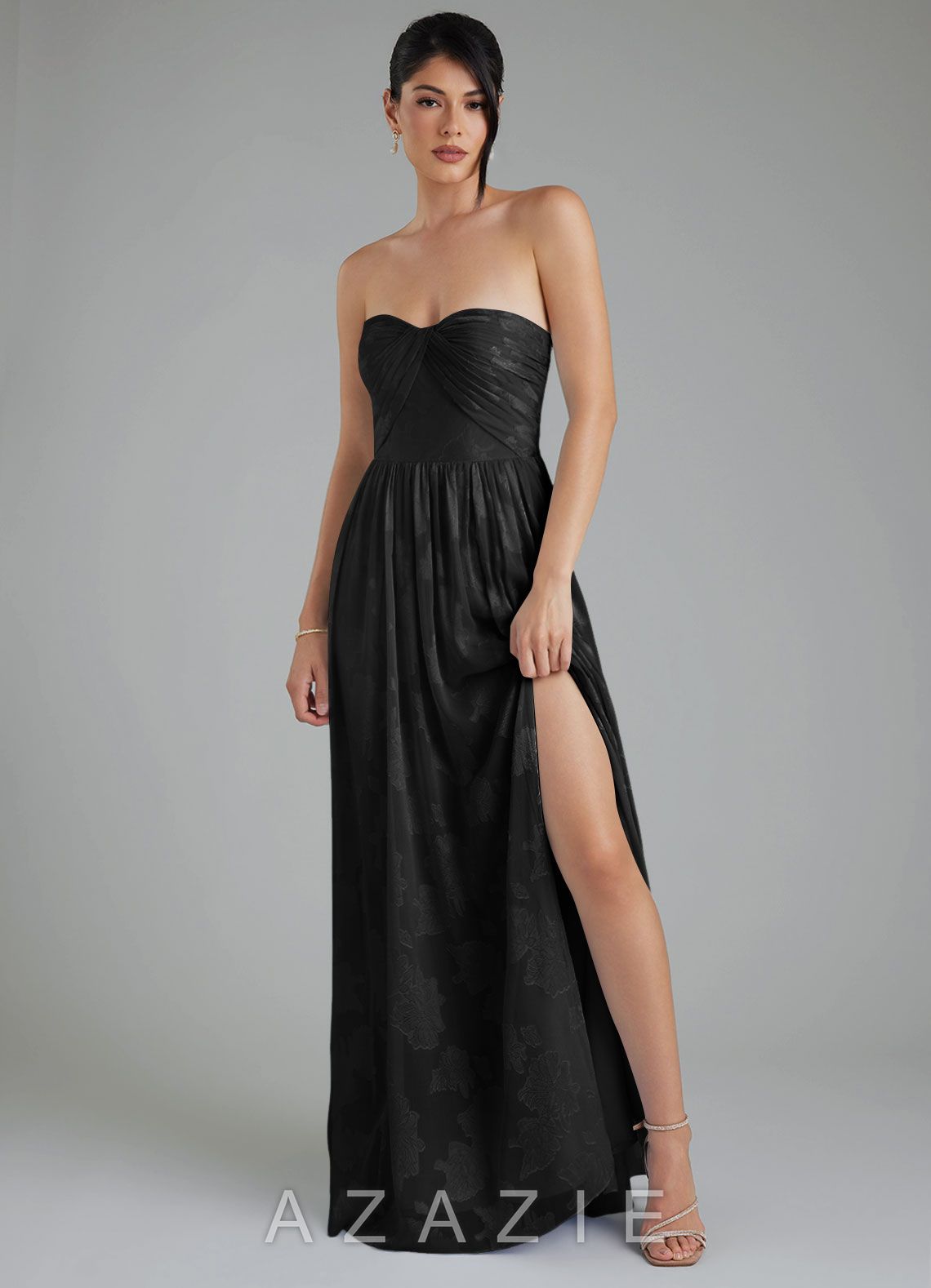 Azazie Helena Black A-Line Strapless Floral Jacquard Burnout Convertible Dress