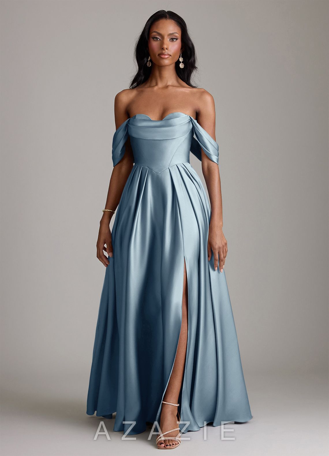 Azazie Loisa Dusty Blue A-Line Off the Shoulder Stretch Satin Dress dusty_blue