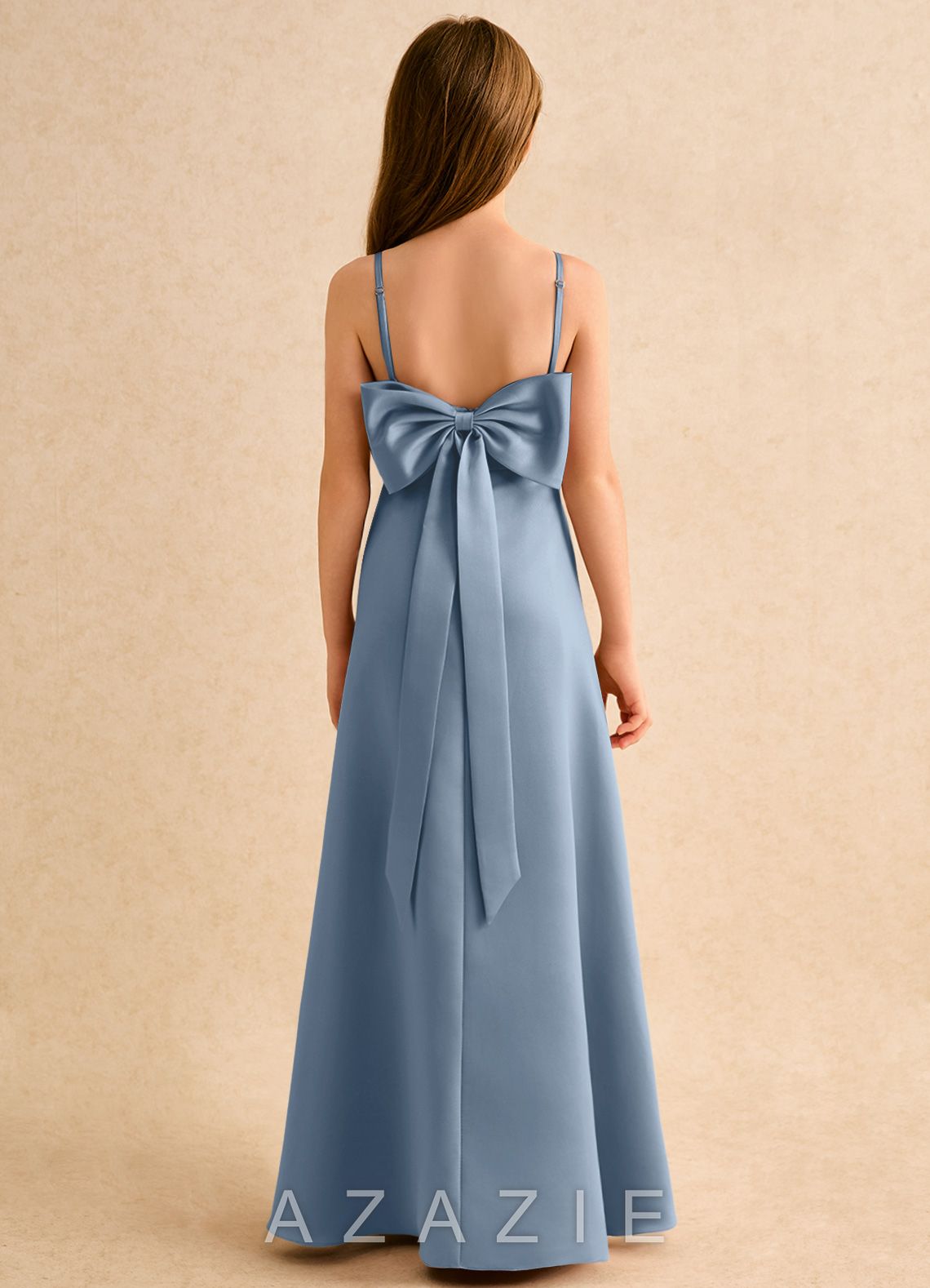 Azazie Joella Girls Formal Dusty Blue A-Line Pleated Matte Satin Dress dusty_blue