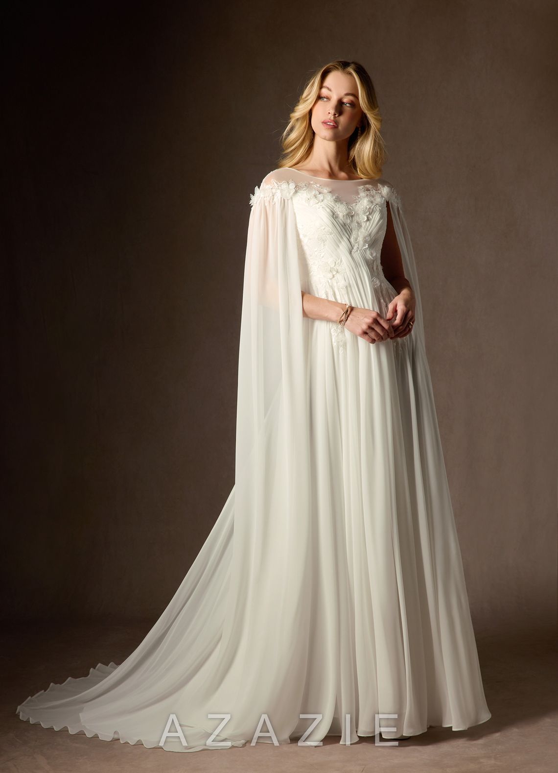 Azazie Linnea Wedding Dress Cream A-Line Scoop Chiffon Dress cream