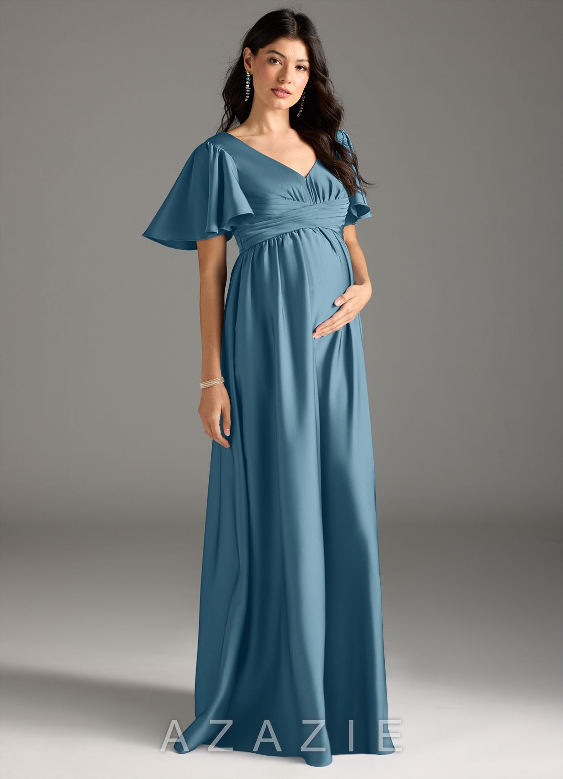 Azazie Verna A-Line Ruched Stretch Satin Floor-Length Dress bermuda