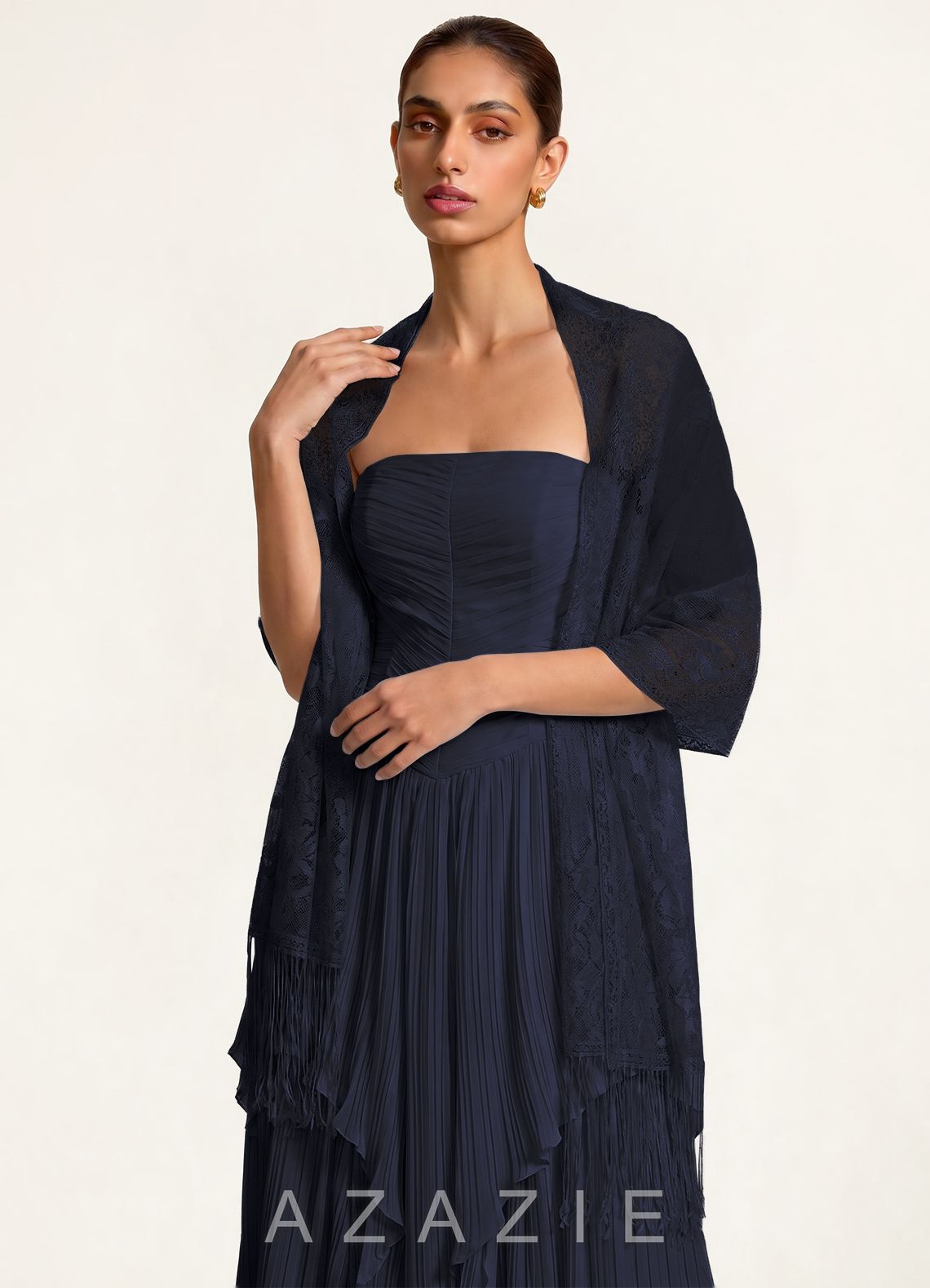 Azazie Floral Lace Tassel Shawl  navy