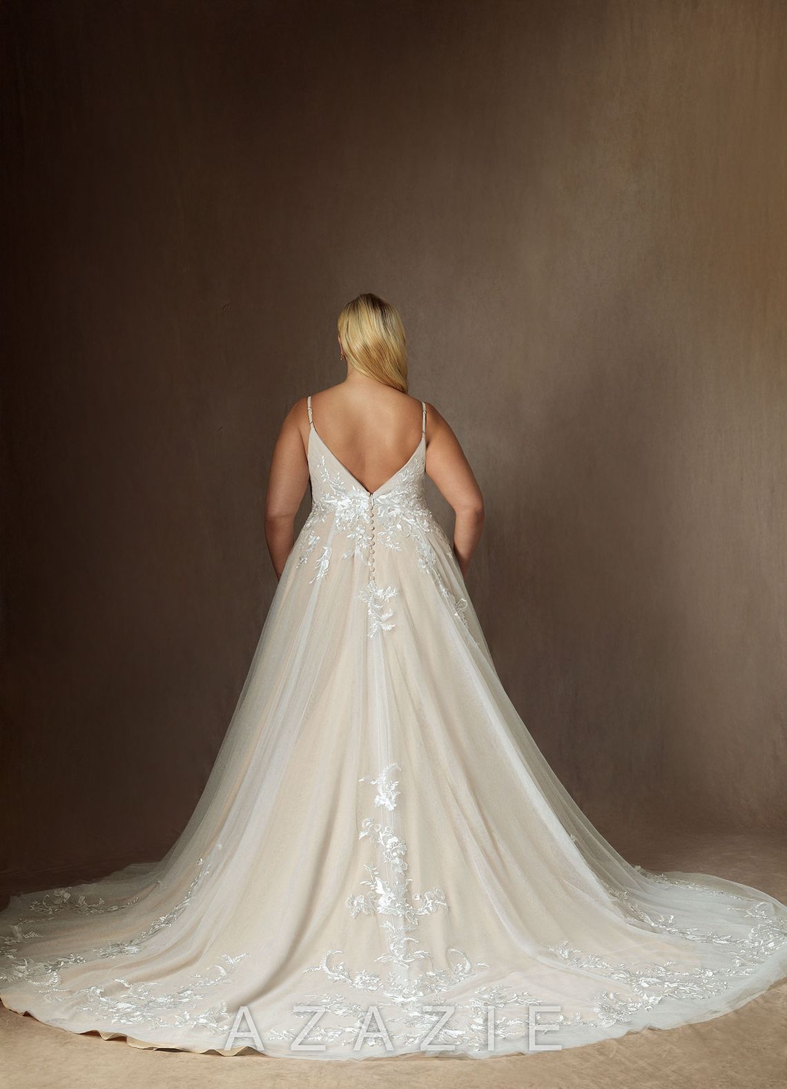 Azazie Rhodes Wedding Dress Diamond White Champagne A-Line V-Neck Sequins Tulle Dress diamond_white/champagne