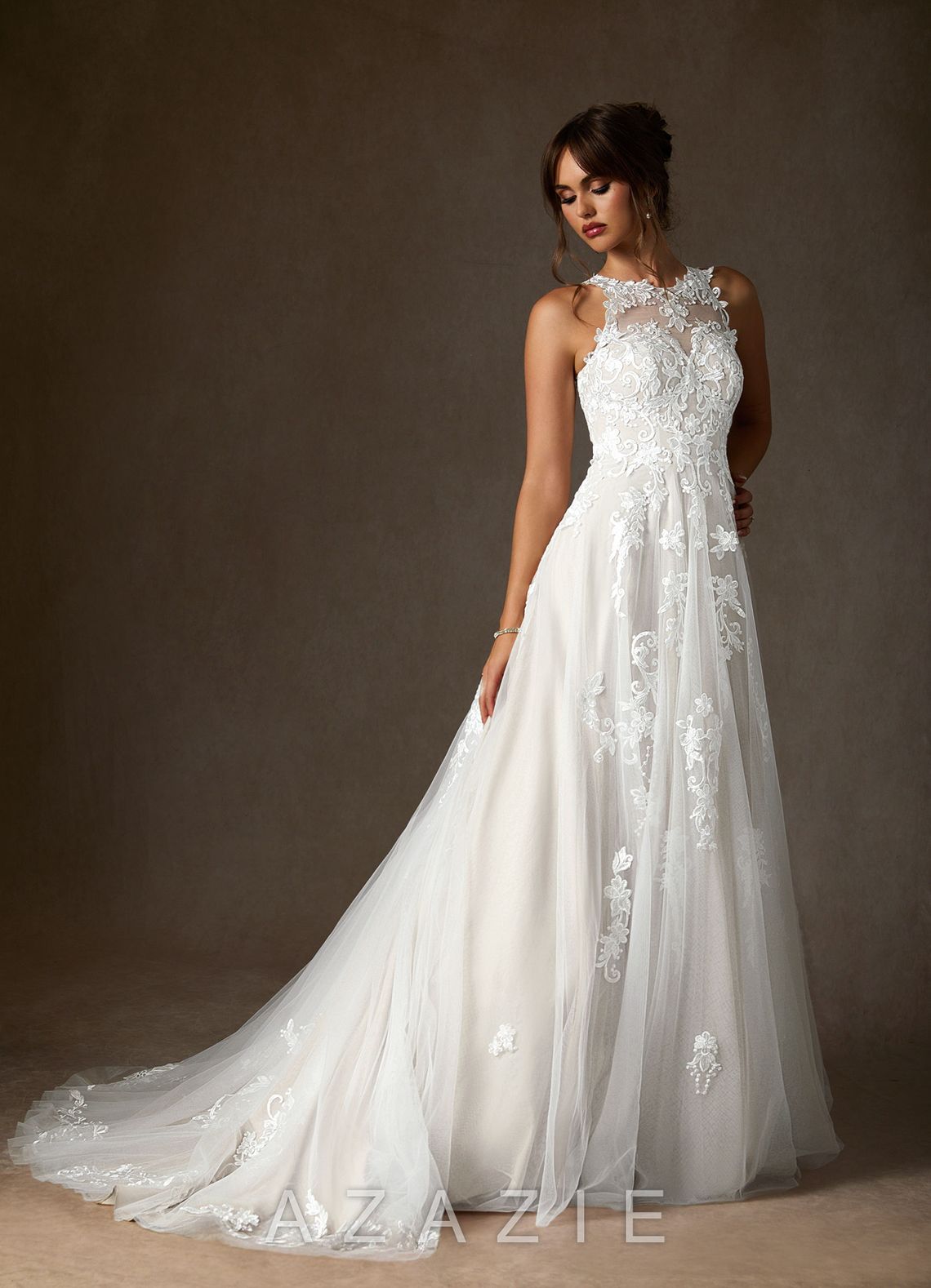 Azazie Melrose Wedding Dress Diamond White A-Line Sweetheart Lace Tulle Dress diamond_white
