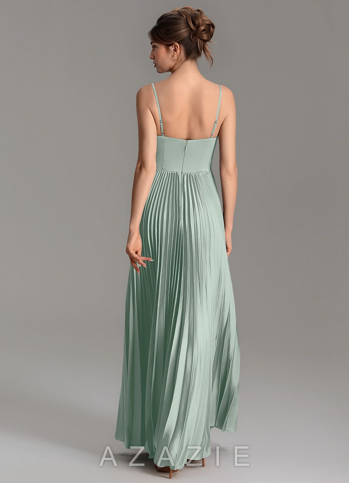 Azazie Blake Agave A-Line Pleated Stretch Satin Dress agave