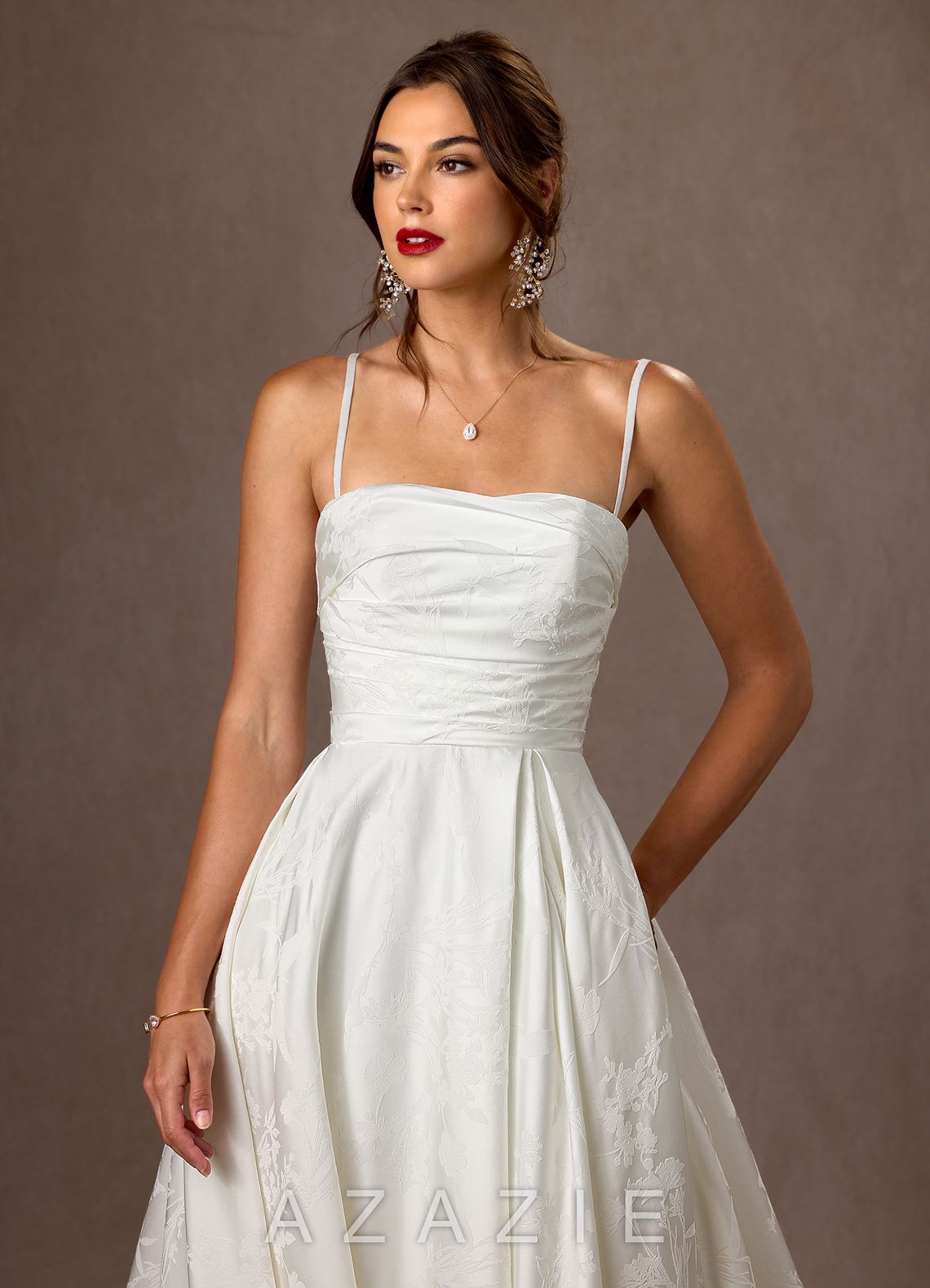 Azazie Daliah Diamond White A-Line Strapless Floral Jacquard Dress