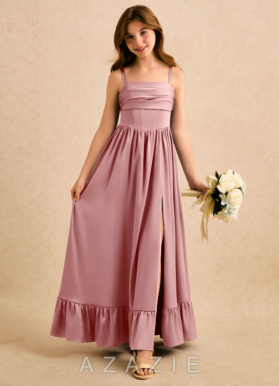 Azazie Maisie Girls Formal Dusty Rose A-Line Ruched Stretch Satin Dress