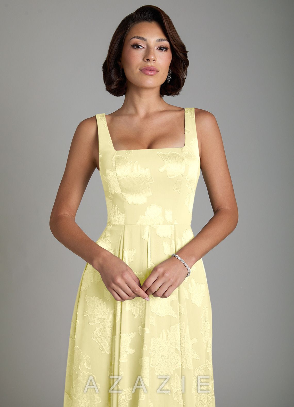Azazie Persia Lemon Sorbet A-Line Corset Floral Jacquard Burnout Dress lemon_sorbet
