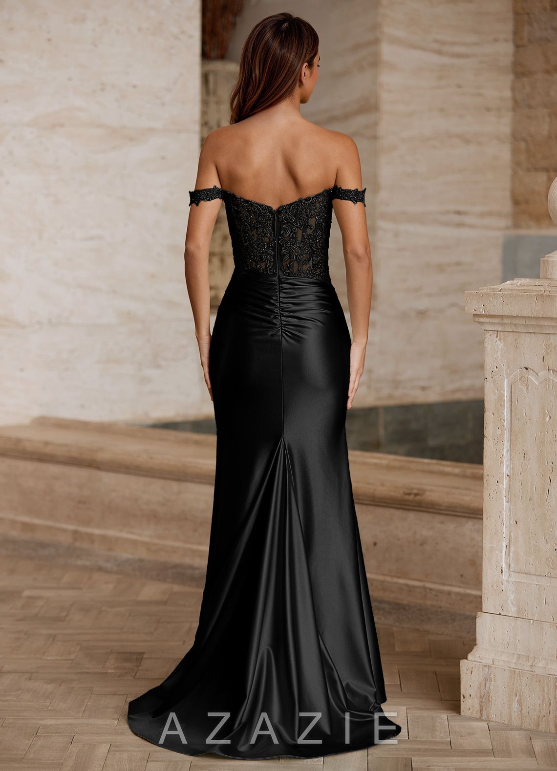 Wrentino Black Embroidered Appliqué Satin Mermaid Dress