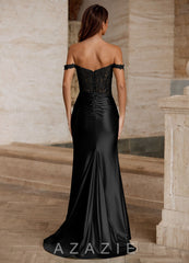 Wrentino Black Embroidered Appliqué Satin Mermaid Dress
