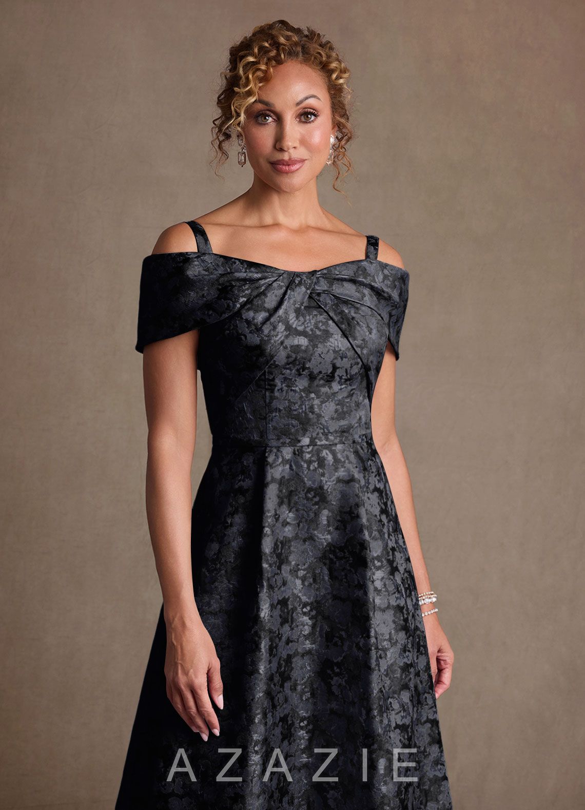 Azazie Harriett Black A-Line Off the Shoulder Floral Jacquard Dress black