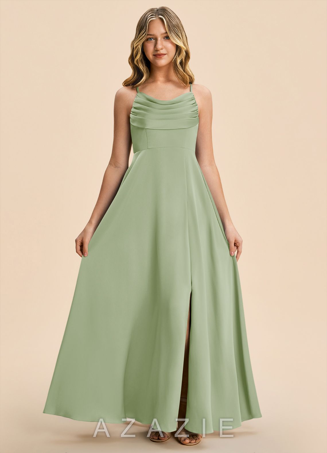 Azazie Gia Junior Dusty Sage A-Line Pleated Stretch Satin Dress dusty_sage