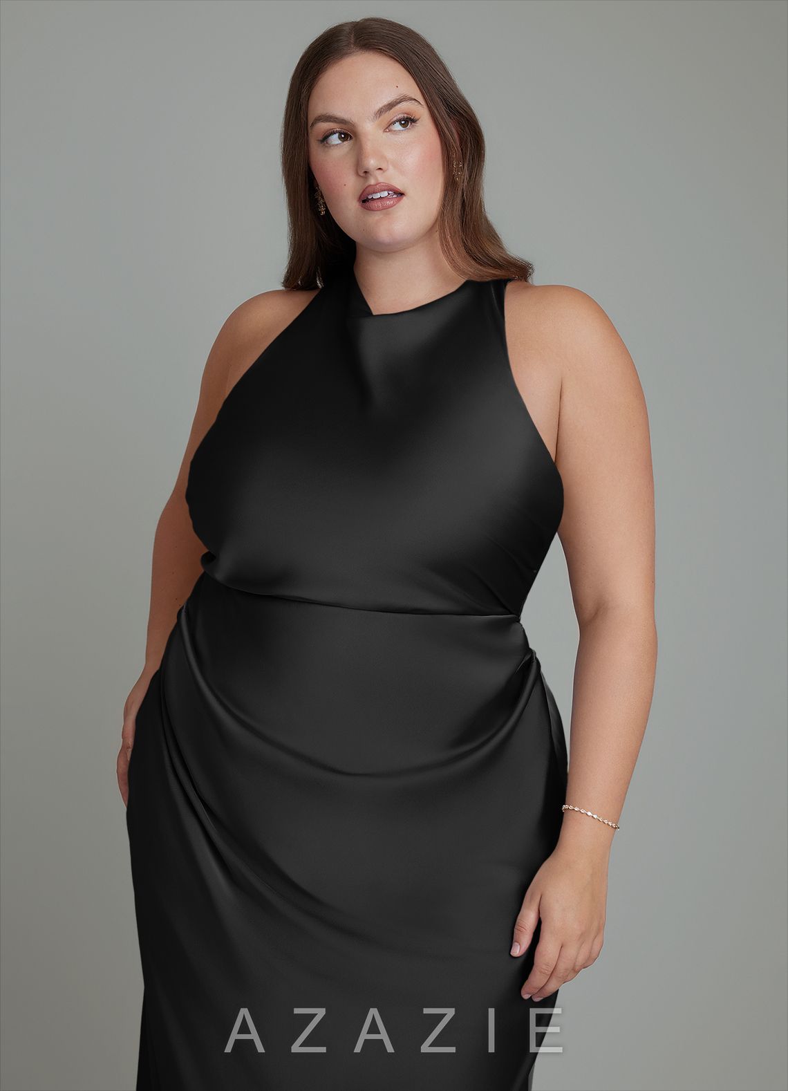 Azazie Evadne Black Sheath Pleated Stretch Satin Dress black