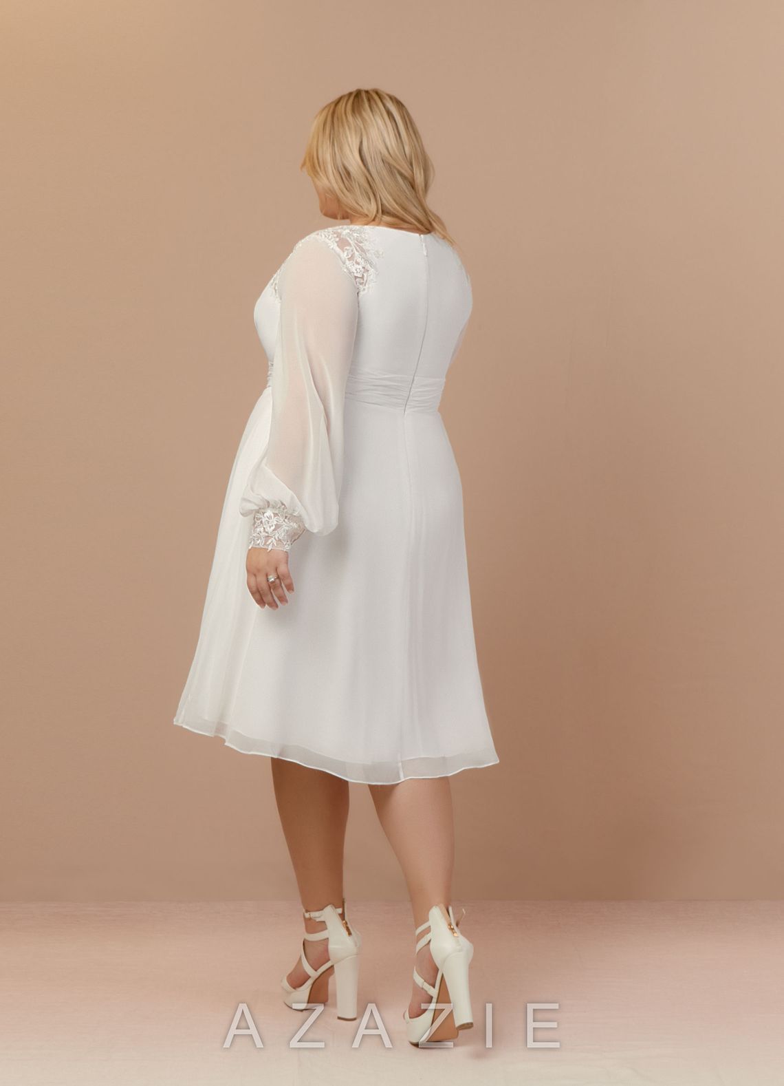 Azazie Amila Wedding Dress Diamond White A-Line V-Neck Lace Chiffon Dress