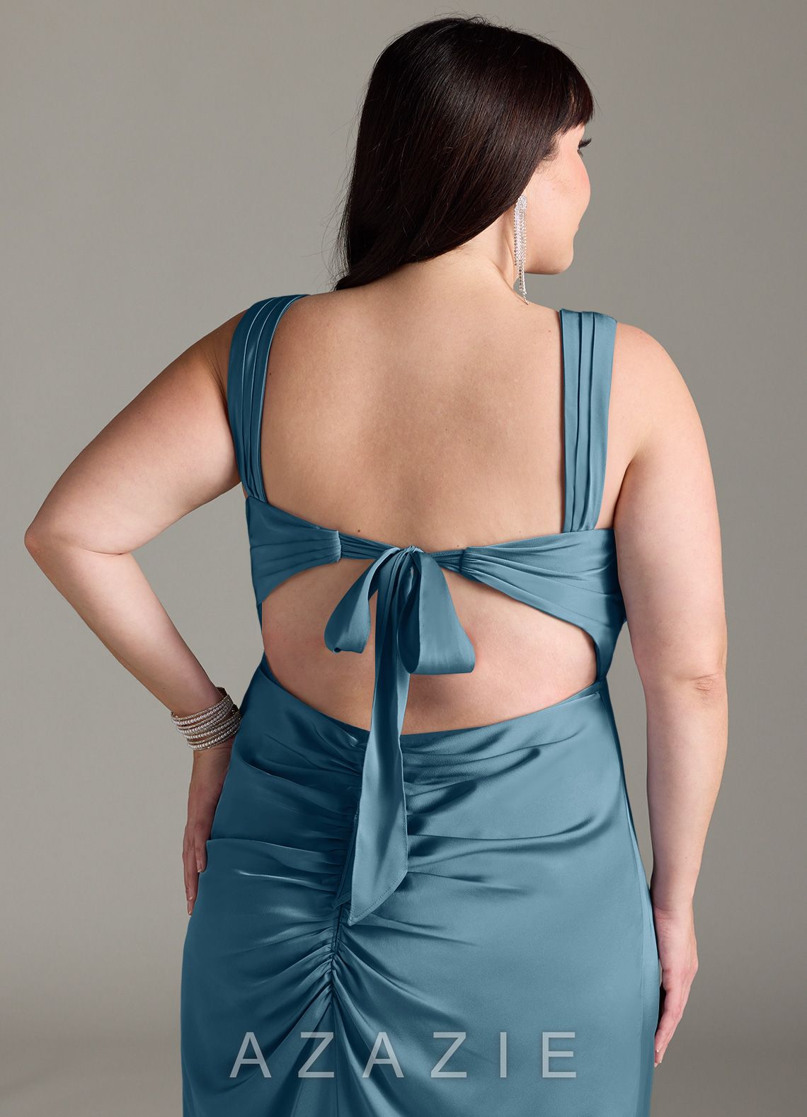 Azazie Jesaphine Bermuda Sheath Bow Stretch Satin Dress bermuda