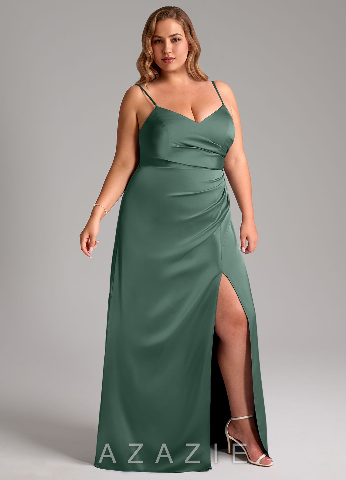 Azazie Azuree Eucalyptus A-Line Pleated Stretch Satin Dress eucalyptus
