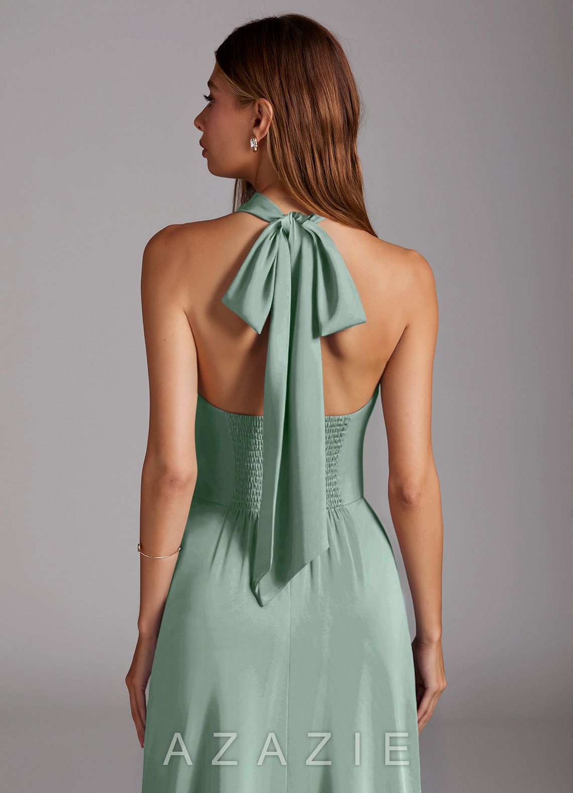 Azazie Myra Agave A-Line High Neck Stretch Satin Dress agave