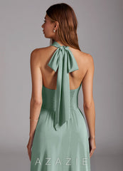 Azazie Myra Agave A-Line High Neck Stretch Satin Dress agave
