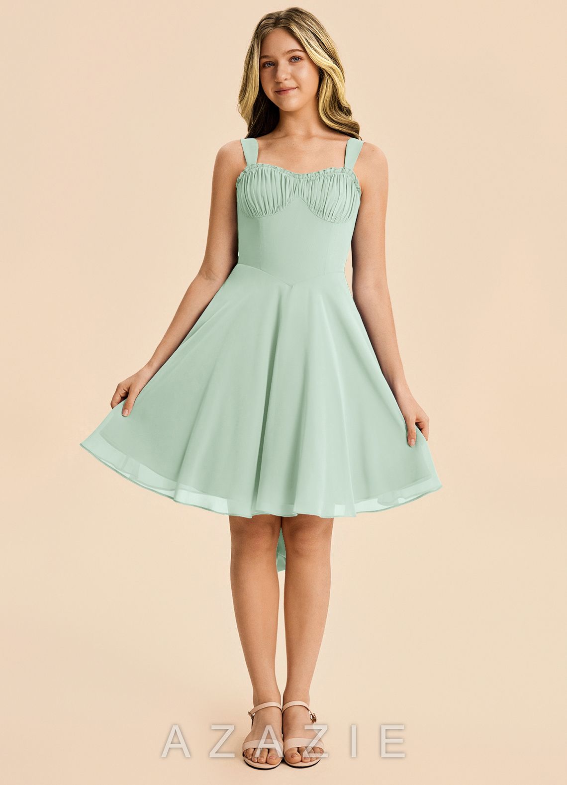 Azazie Arie Junior Agave A-Line Ruched Chiffon Dress agave