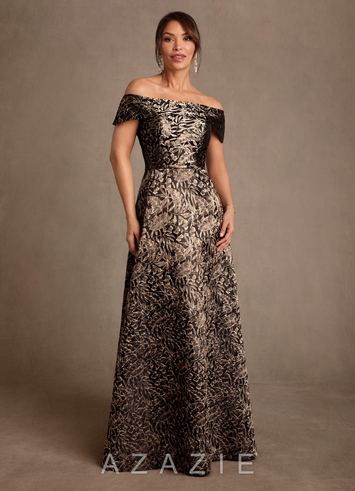Azazie Jossie Ebony Gold Jacquard A-Line Off the Shoulder Jacquard Dress