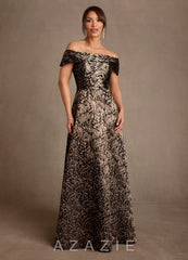 Azazie Jossie Ebony Gold Jacquard A-Line Off the Shoulder Jacquard Dress