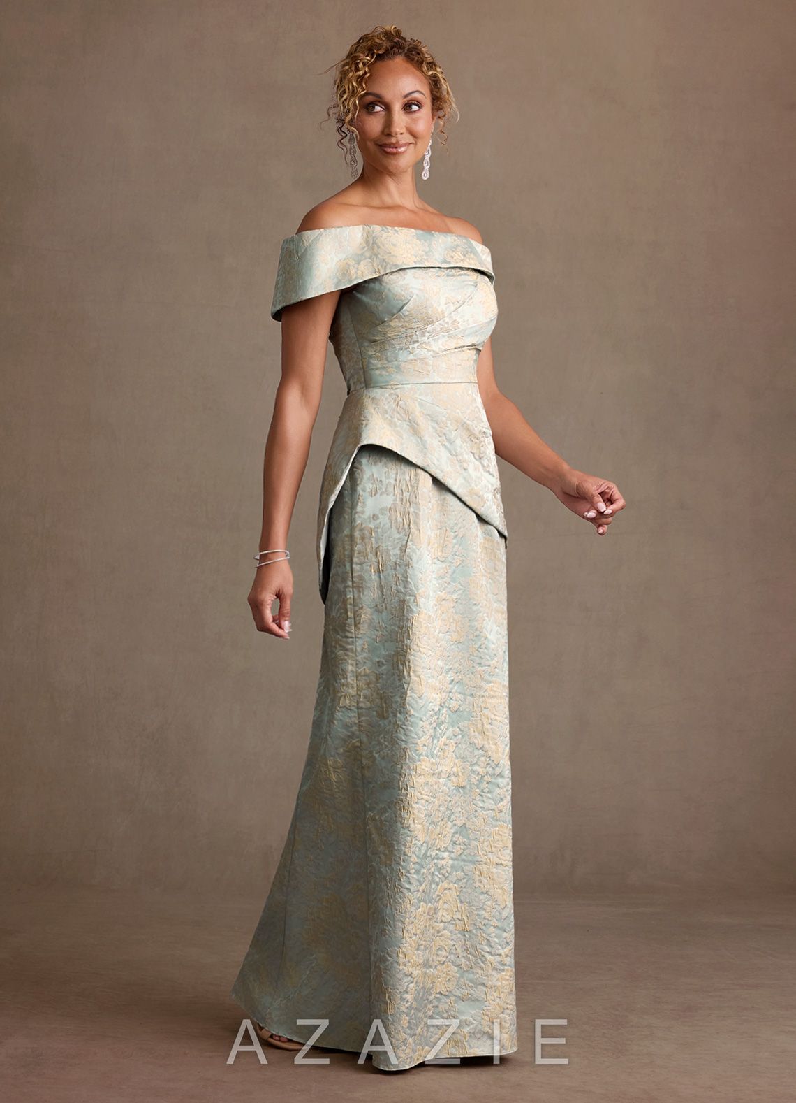 Azazie Kaddar Vintage Blue Sheath Off the Shoulder Floral Jacquard Dress vintage_blue