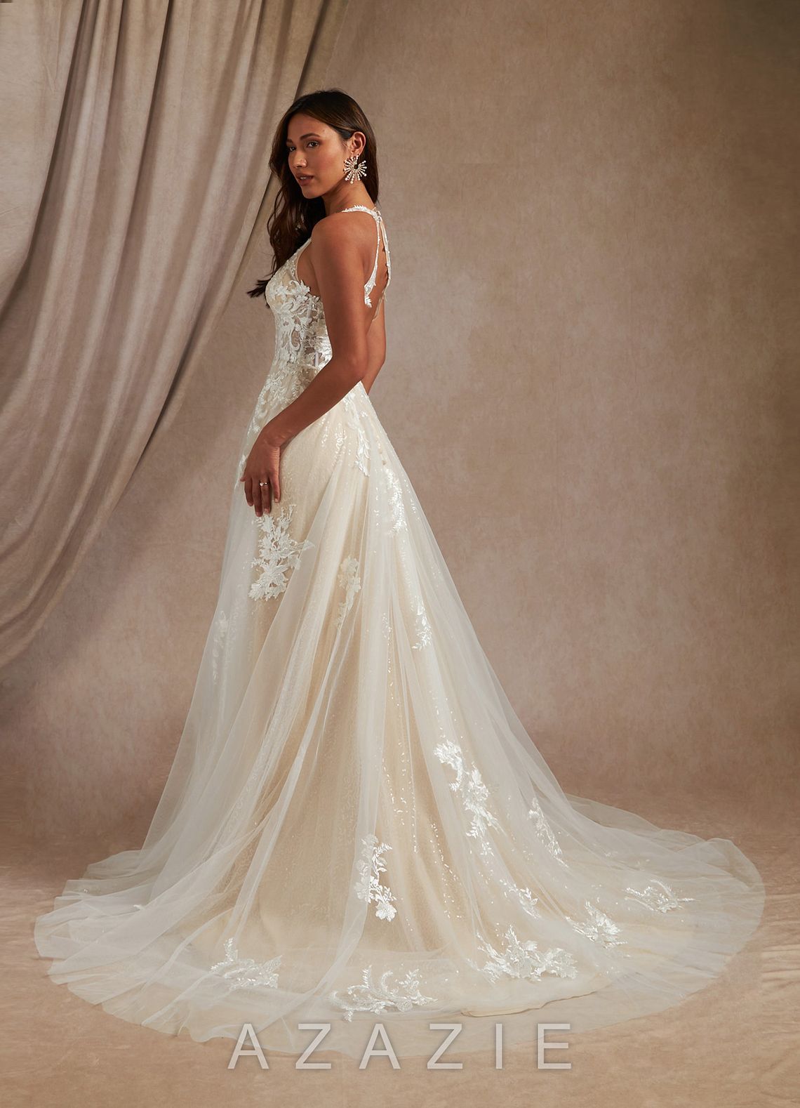 Azazie Dysis Wedding Dress Diamond White Champagne A-Line Halter Sequins Tulle Dress diamond_white/champagne