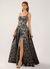 Cimaya Black Square-Neck Jacquard Prom Dress
