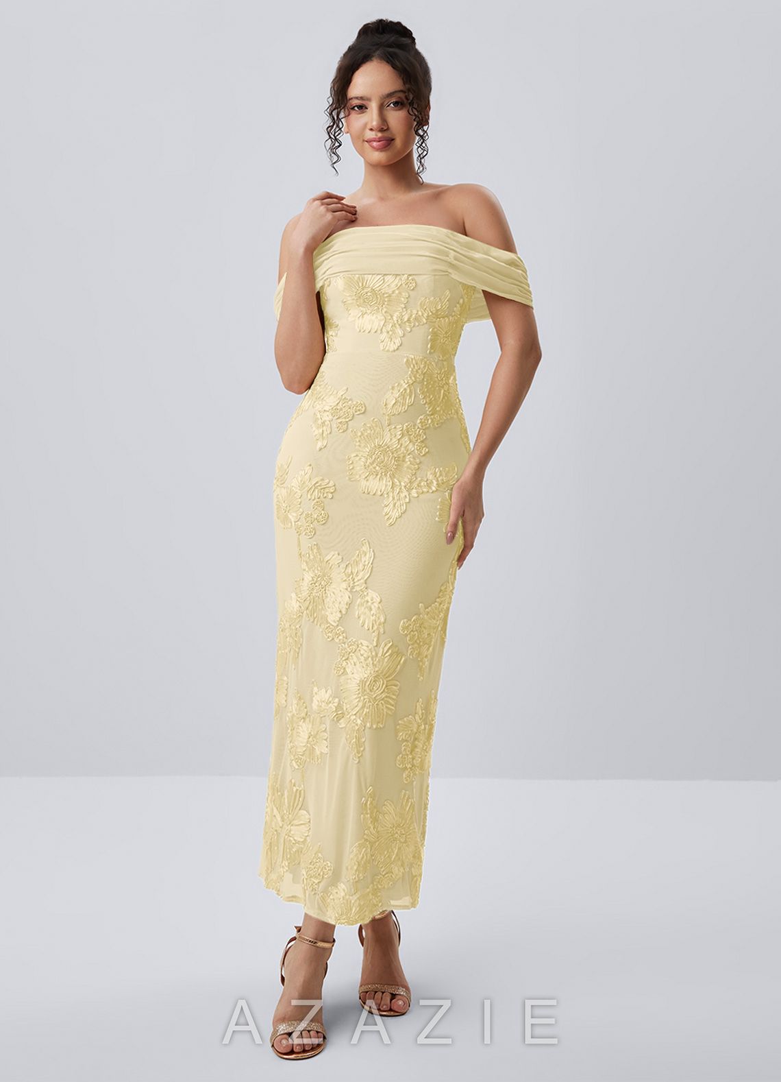 Berenice Lemon Sorbet 3D Floral Lace Off Shoulder Maxi Dress