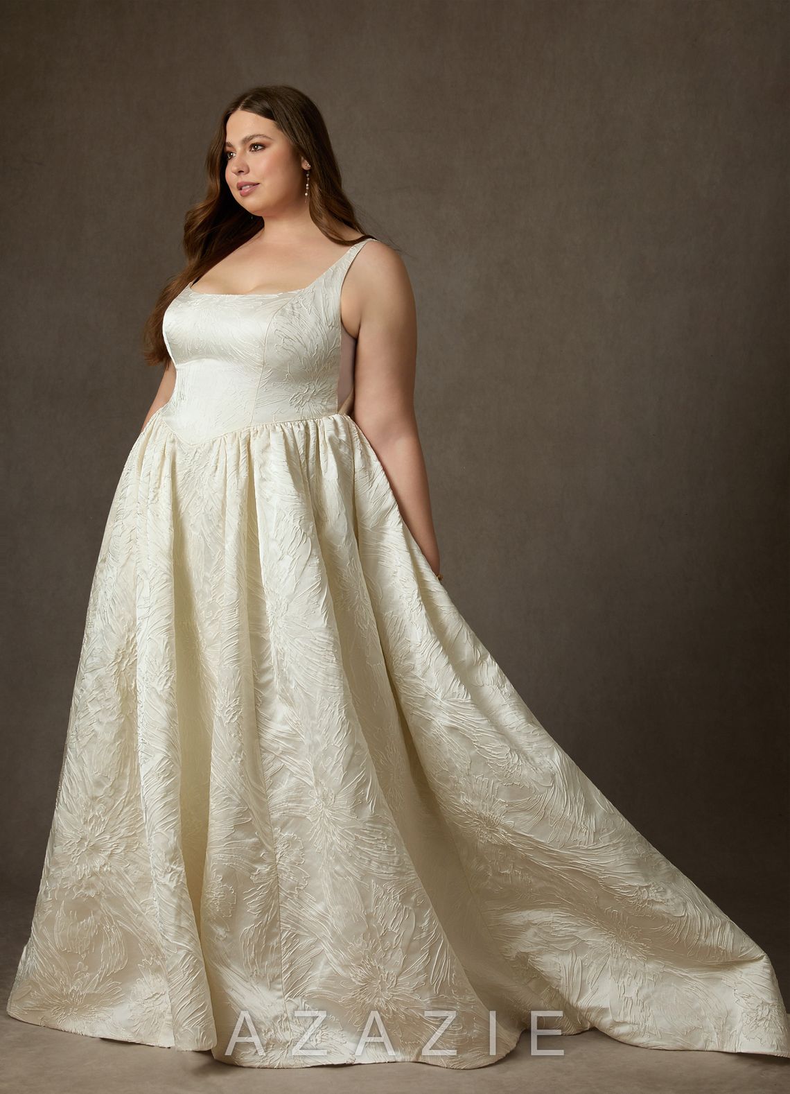 Azazie Skylin Antique White Ball-Gown with Pockets Floral Jacquard Dress antique_white