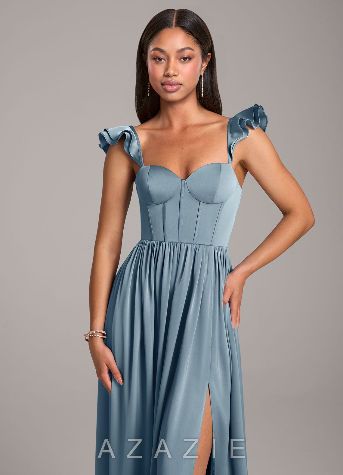 Azazie Denisse Dusty Blue A-Line Ruched Stretch Satin Dress dusty_blue