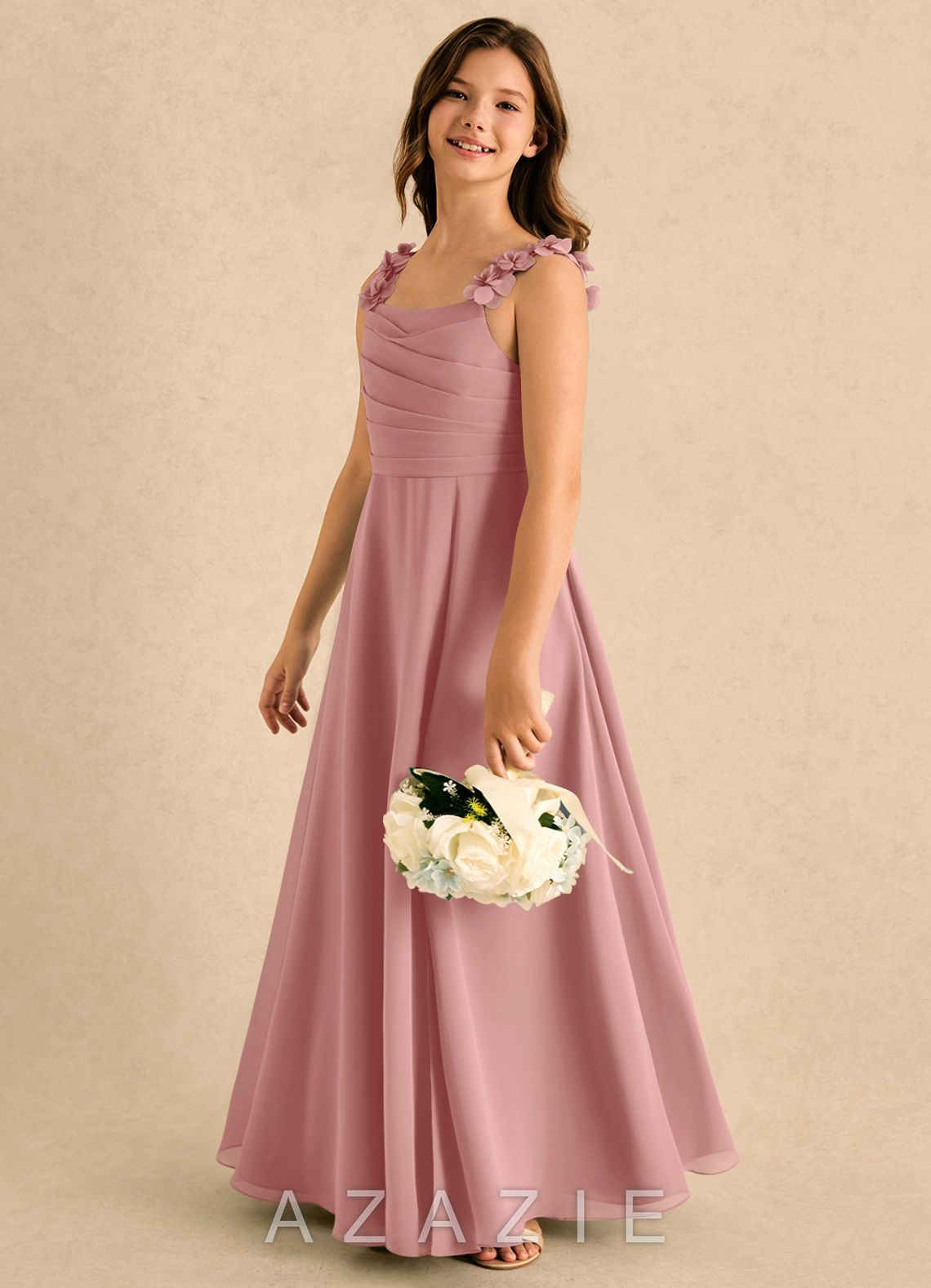 Azazie Masie Girls Formal Dusty Rose A-Line Pleated Chiffon Dress dusty_rose