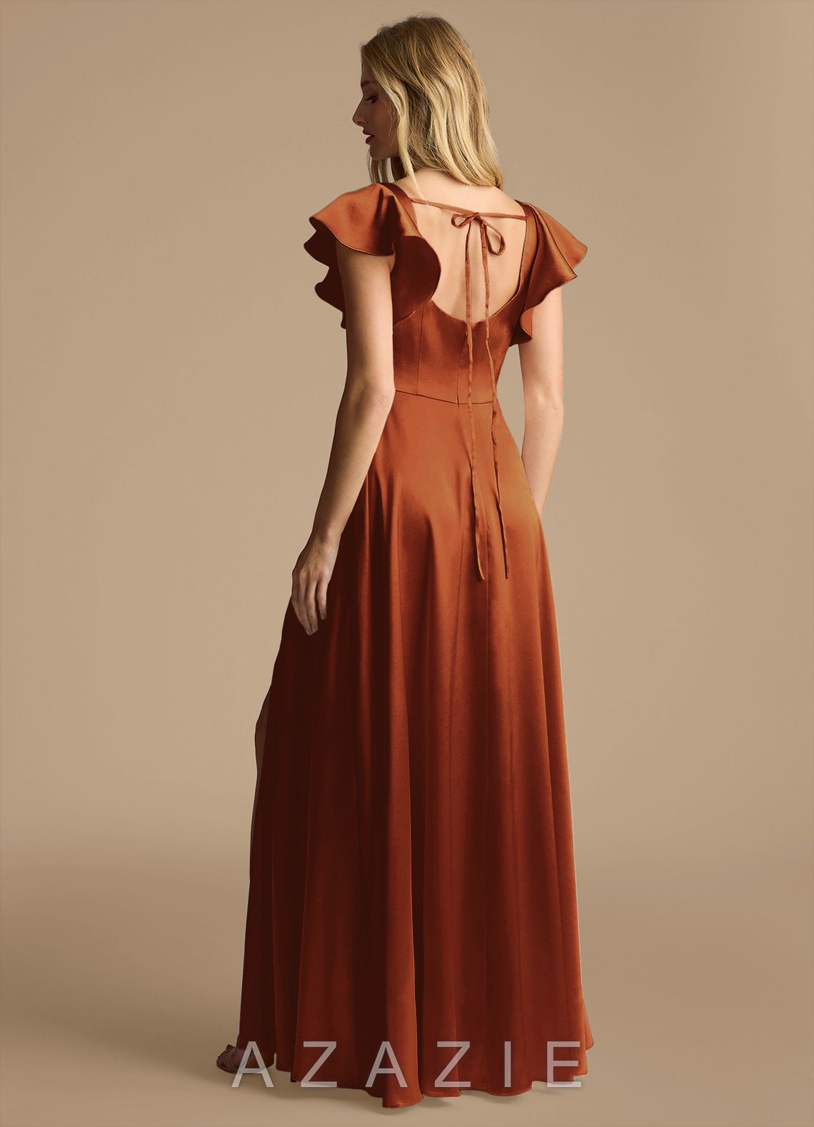 Azazie Bondi Auburn A-Line Bow Metallic Satin Dress auburn