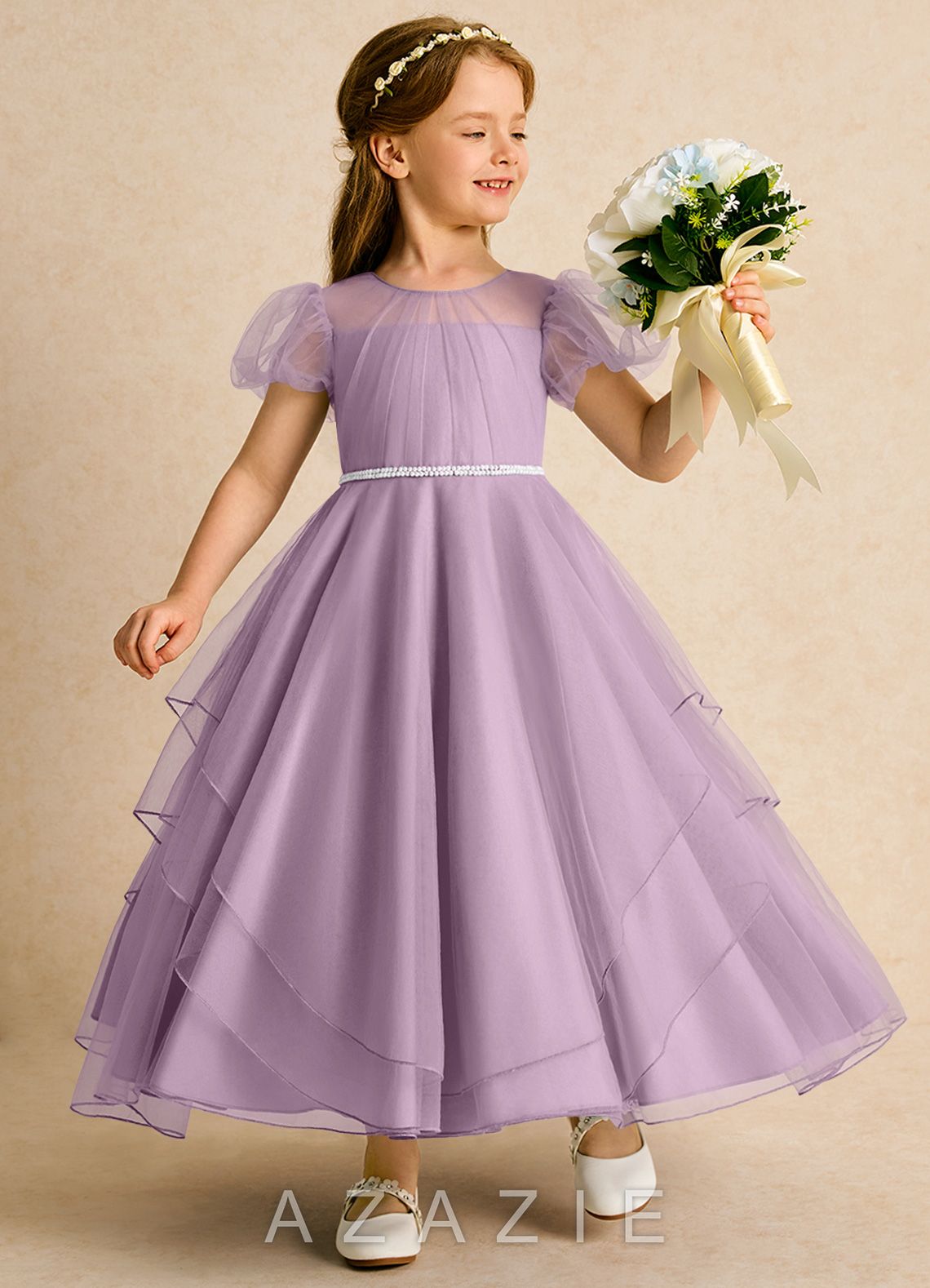 Azazie Duckie Wisteria Ball-Gown Pleated Tulle Dress