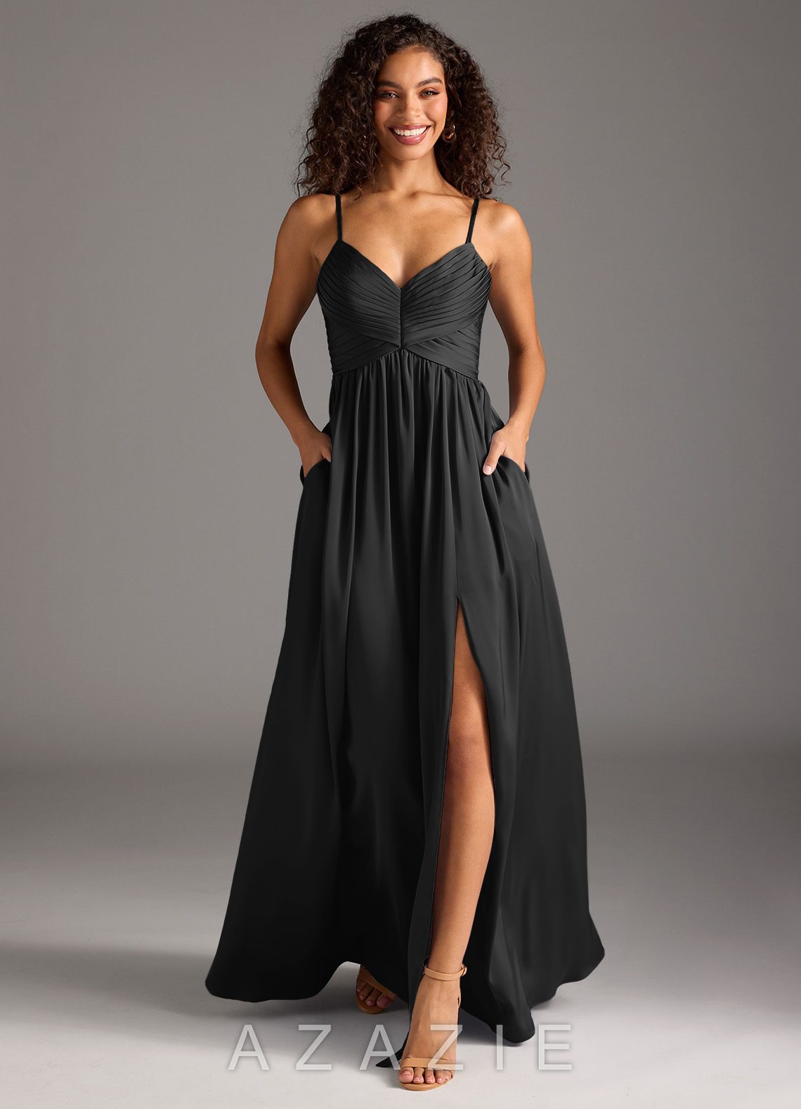 Azazie Alia Black A-Line Pleated Stretch Satin Dress black