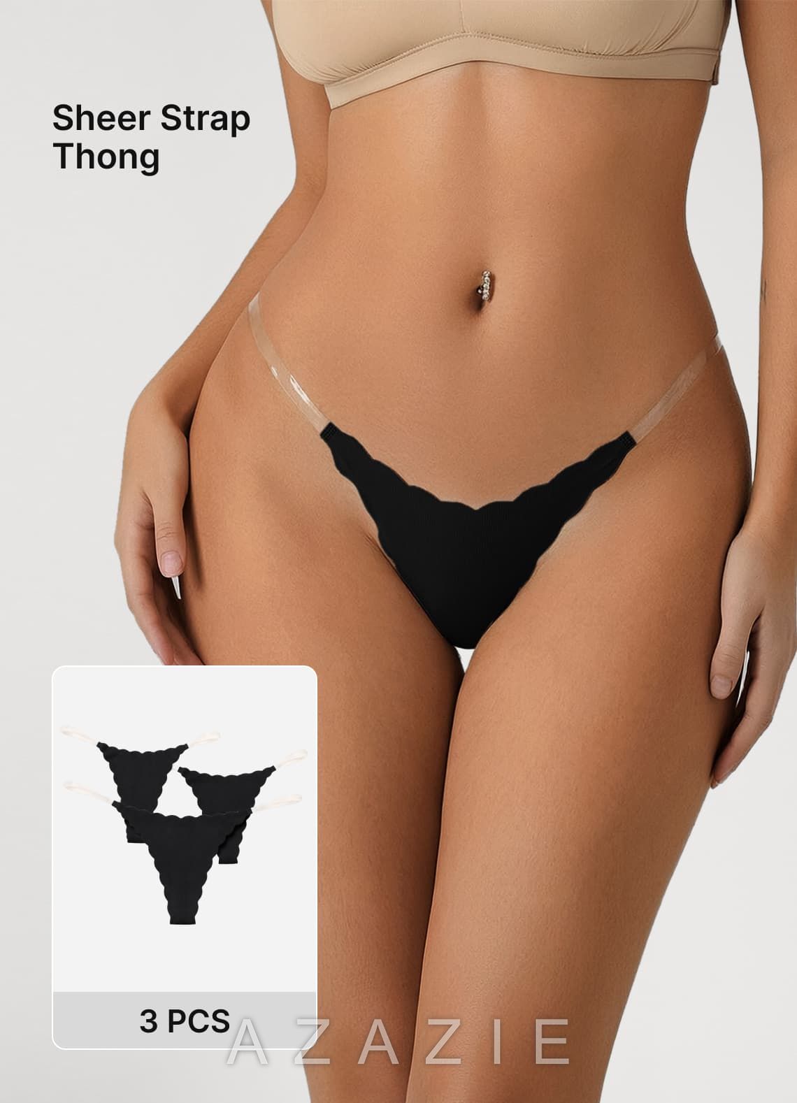 Scalloped Edge Sheer Strap T-Back Barely-There Seamless Thongs （3pics）
