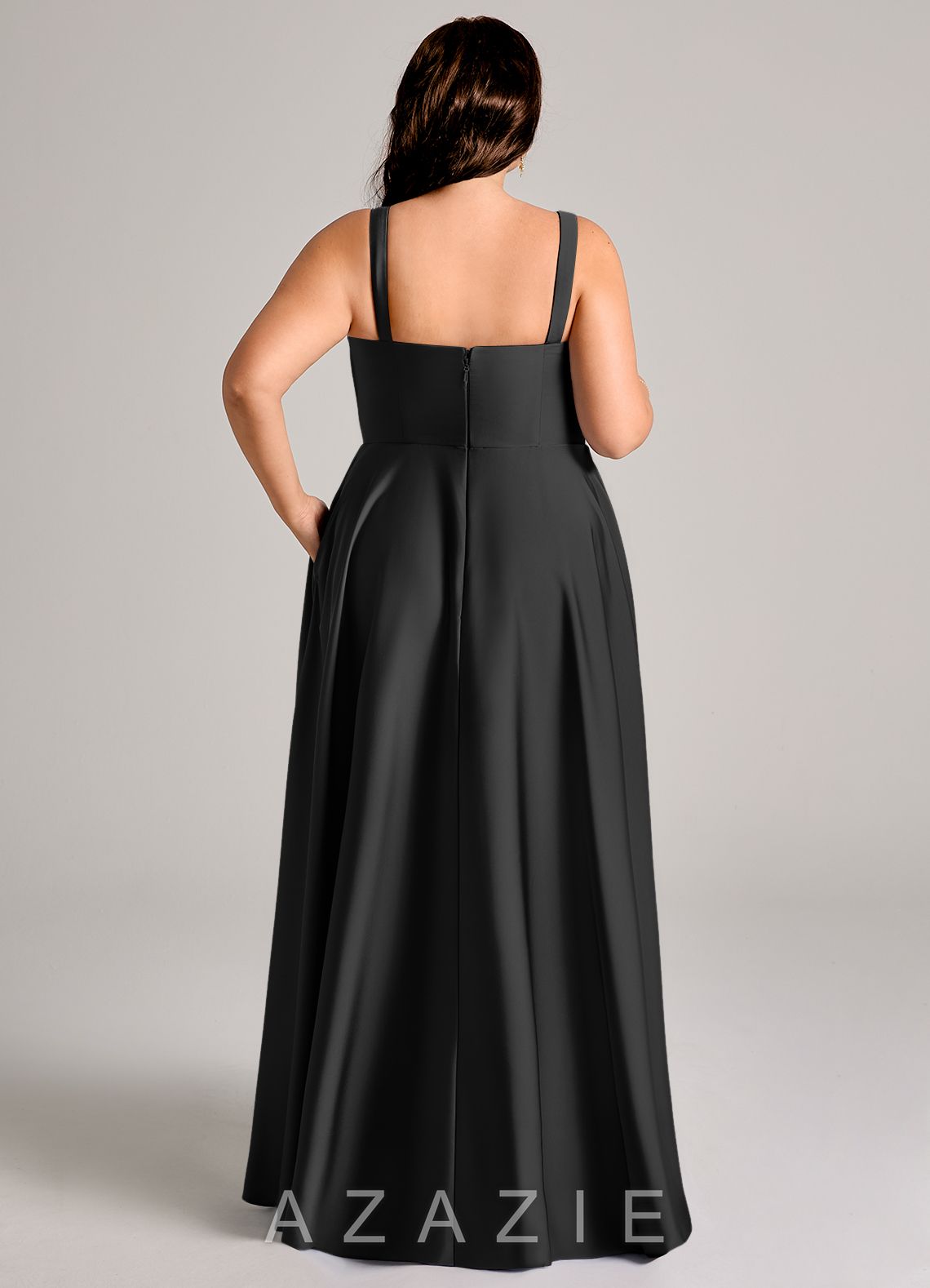 Azazie Shaude Black A-Line Pleated Stretch Satin Dress black