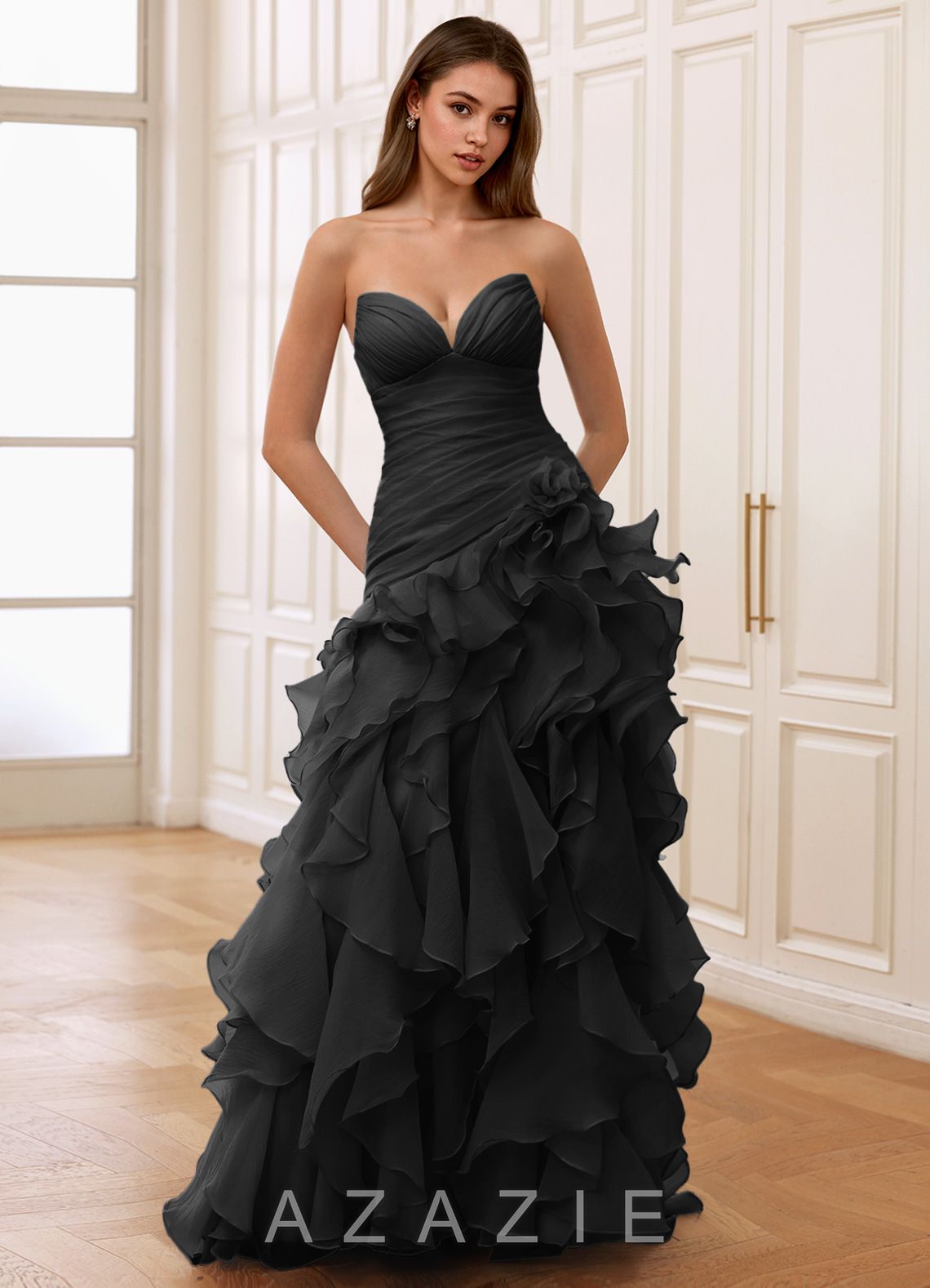 Christabelle Black Sweetheart Ruffled Chiffon Dress