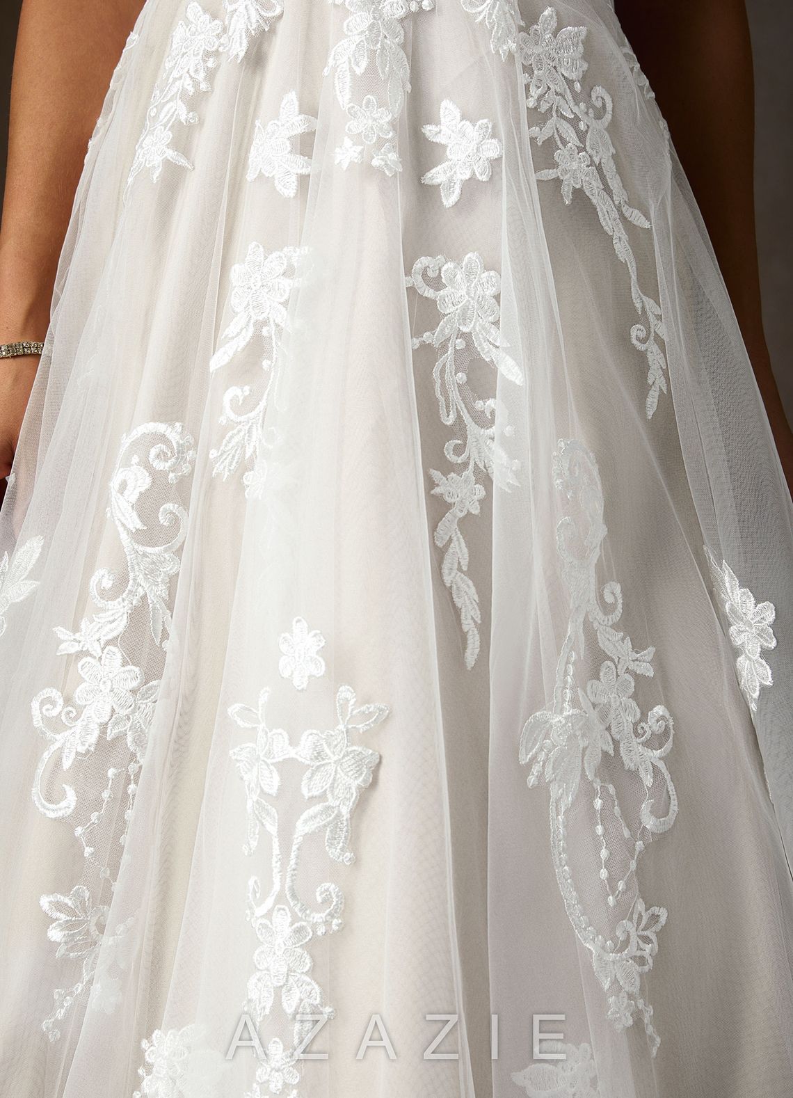 Azazie Melrose Wedding Dress Diamond White A-Line Sweetheart Lace Tulle Dress diamond_white