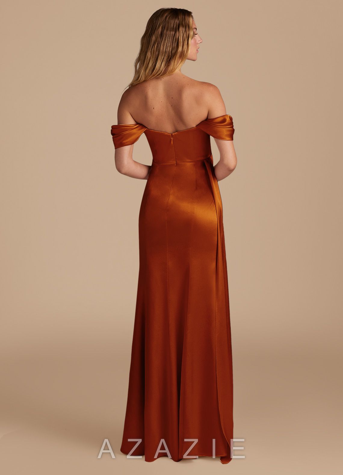 Azazie Amyra Auburn Mermaid Sweetheart Neckline Metallic Satin Convertible Dress auburn